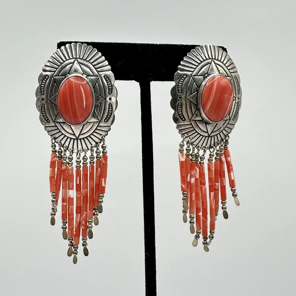 Navajo Sterling Silver Coral Dangle Earrings TK Emerson Southwestern Pierced 3